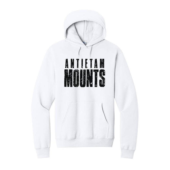 Antietam Mountaineers Distressed Block hoodie in White: ANTIETAM over tall, distressed MOUNTS lettering
