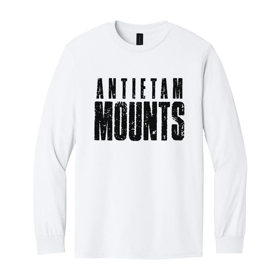Antietam Mountaineers Distressed Block long sleeve t-shirt in White: ANTIETAM over tall, distressed MOUNTS lettering