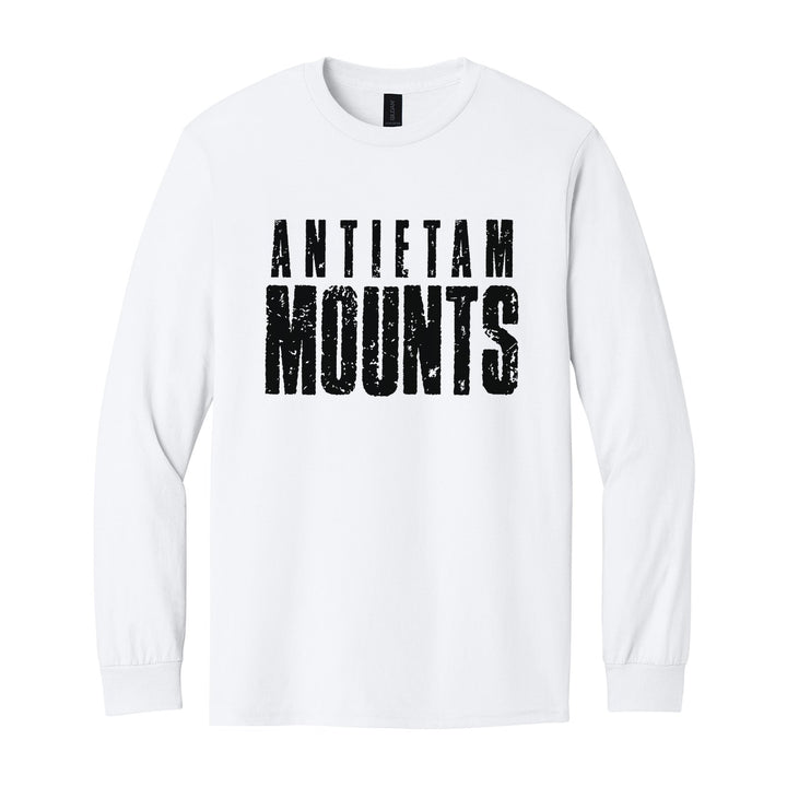 Antietam Mountaineers Distressed Block long sleeve t-shirt in White: ANTIETAM over tall, distressed MOUNTS lettering