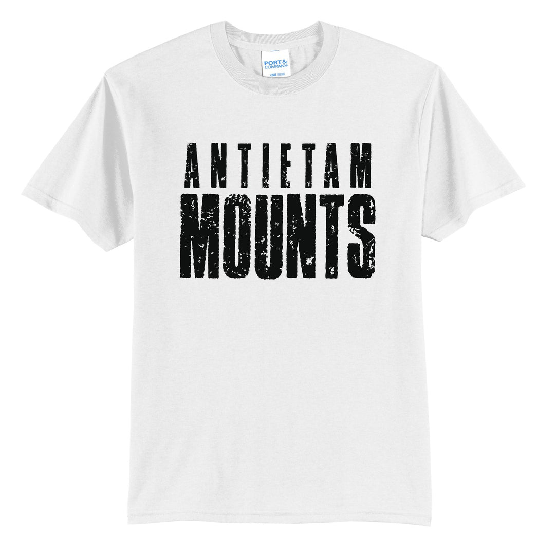 Antietam Mountaineers Distressed Block t-shirt in White: ANTIETAM over tall, distressed MOUNTS lettering