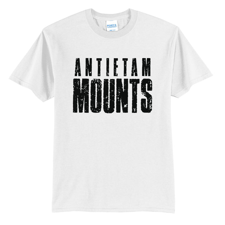 Antietam Mountaineers Distressed Block t-shirt in White: ANTIETAM over tall, distressed MOUNTS lettering