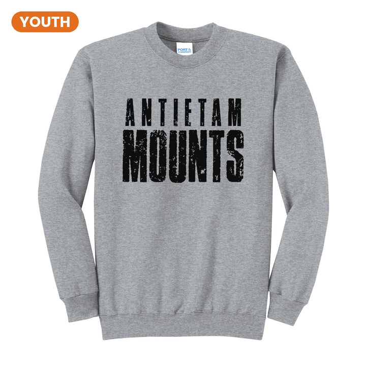 Antietam Mountaineers Distressed Block youth crewneck sweatshirt in Athletic Heather: ANTIETAM over tall, distressed MOUNTS lettering