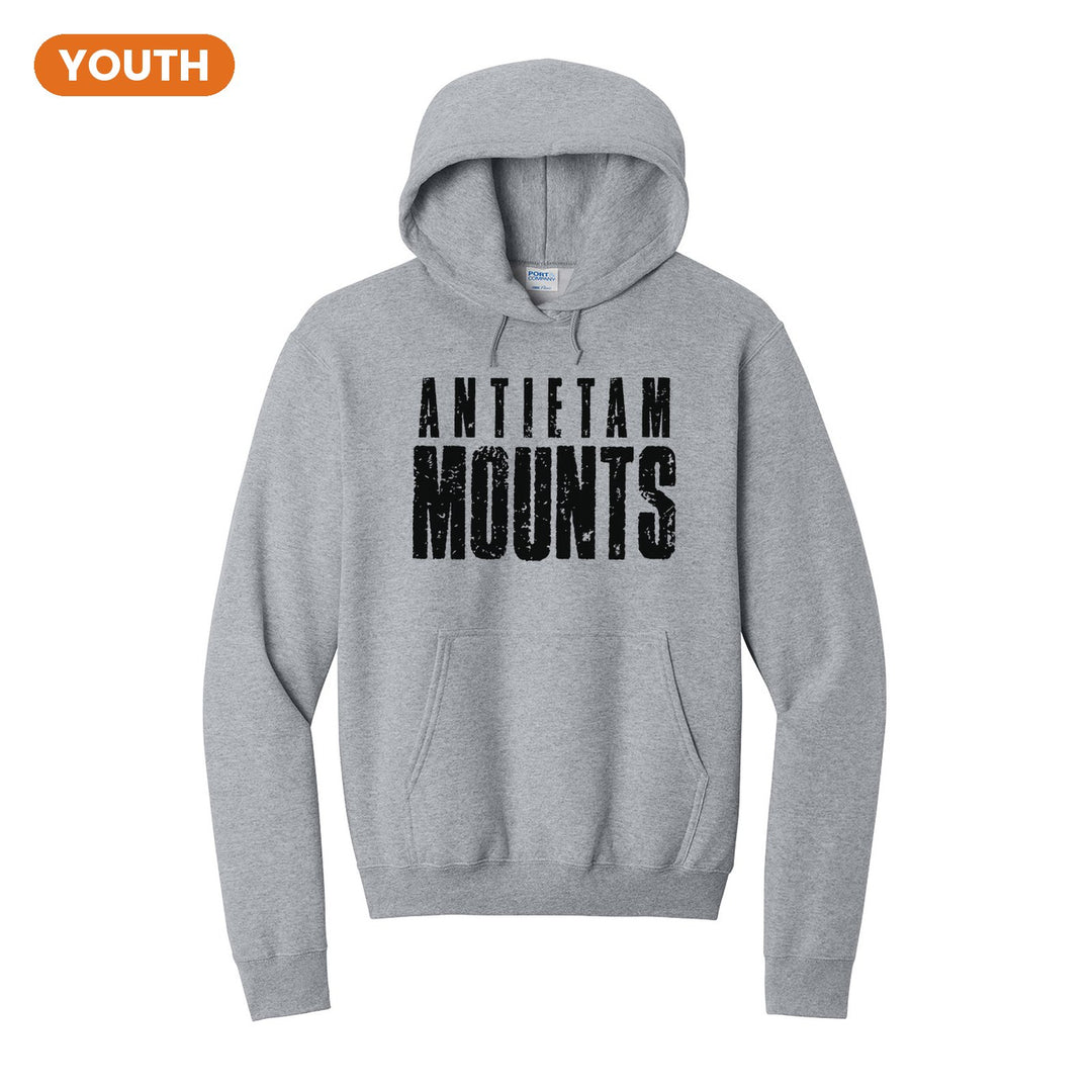 Antietam Mountaineers Distressed Block youth hoodie in Athletic Heather: ANTIETAM over tall, distressed MOUNTS lettering