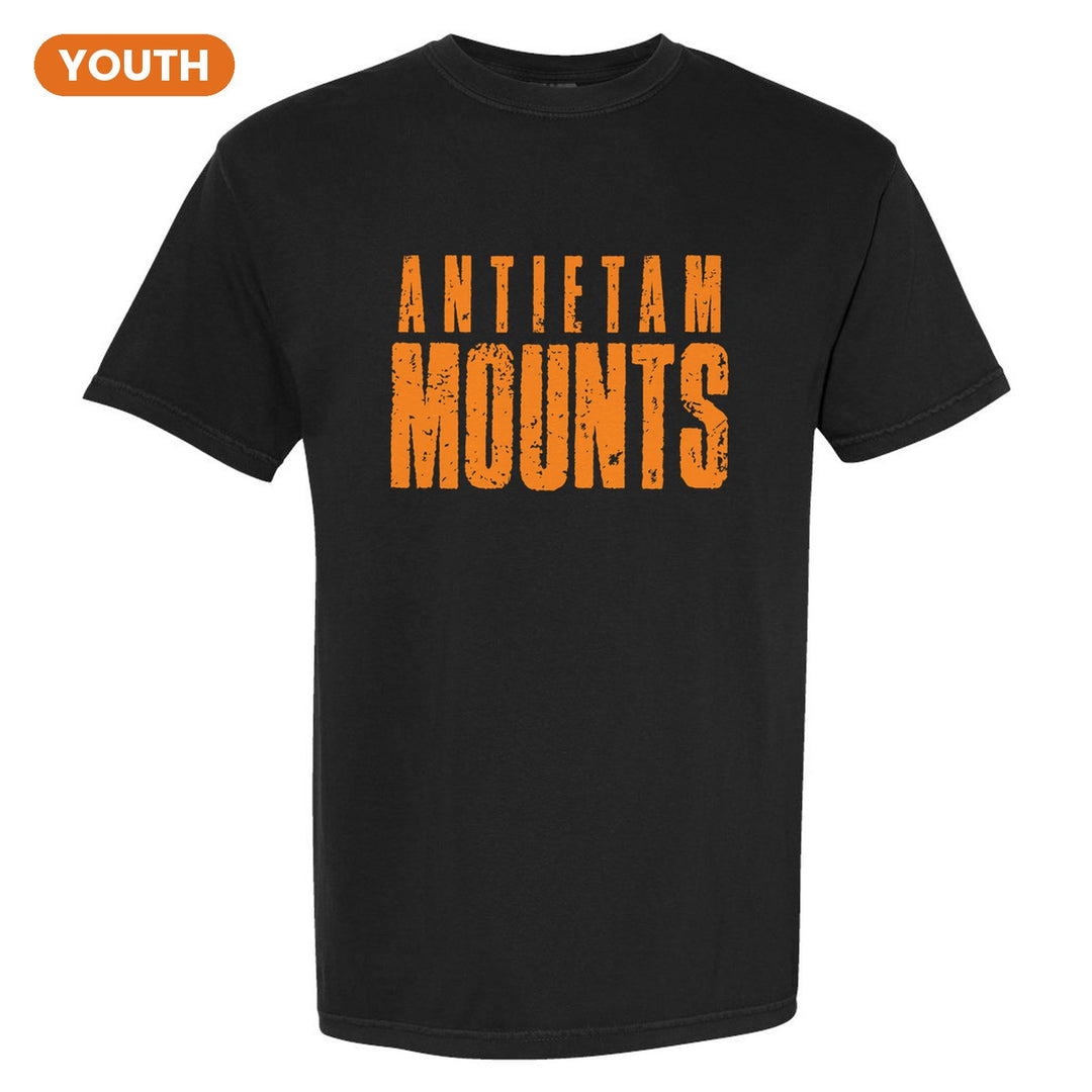Antietam Mountaineers Distressed Block youth comfort colors t-shirt in Black: ANTIETAM over tall, distressed MOUNTS lettering