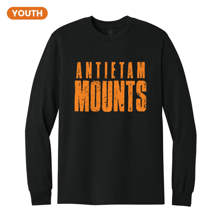 Antietam Mountaineers Distressed Block youth long sleeve t-shirt in Black: ANTIETAM over tall, distressed MOUNTS lettering