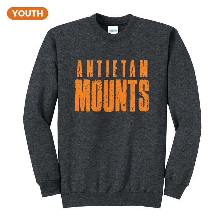 Antietam Mountaineers Distressed Block youth crewneck sweatshirt in Dark Heather Grey: ANTIETAM over tall, distressed MOUNTS lettering