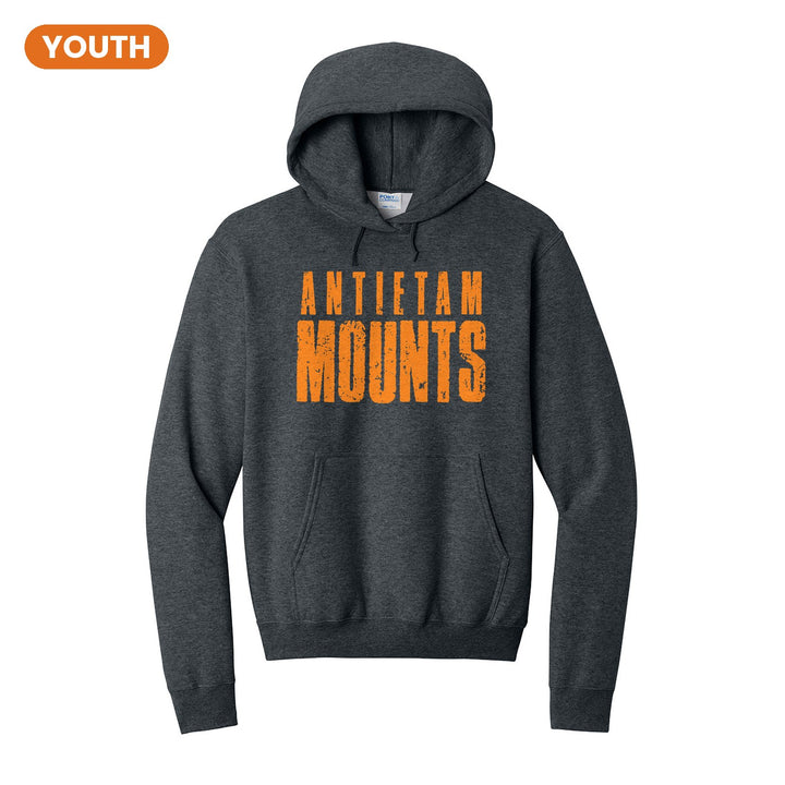 Antietam Mountaineers Distressed Block youth hoodie in Dark Heather Grey: ANTIETAM over tall, distressed MOUNTS lettering