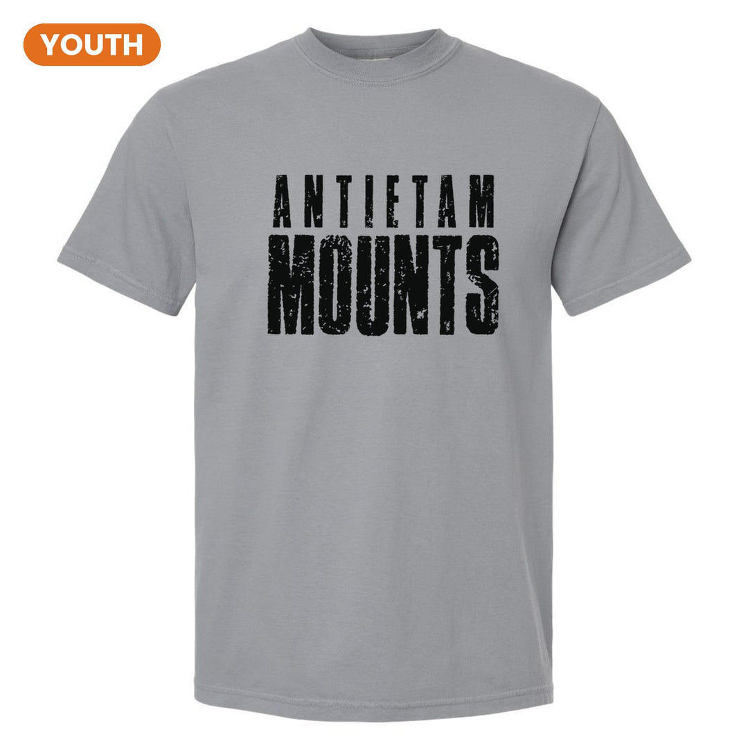 Antietam Mountaineers Distressed Block youth comfort colors t-shirt in Granite: ANTIETAM over tall, distressed MOUNTS lettering