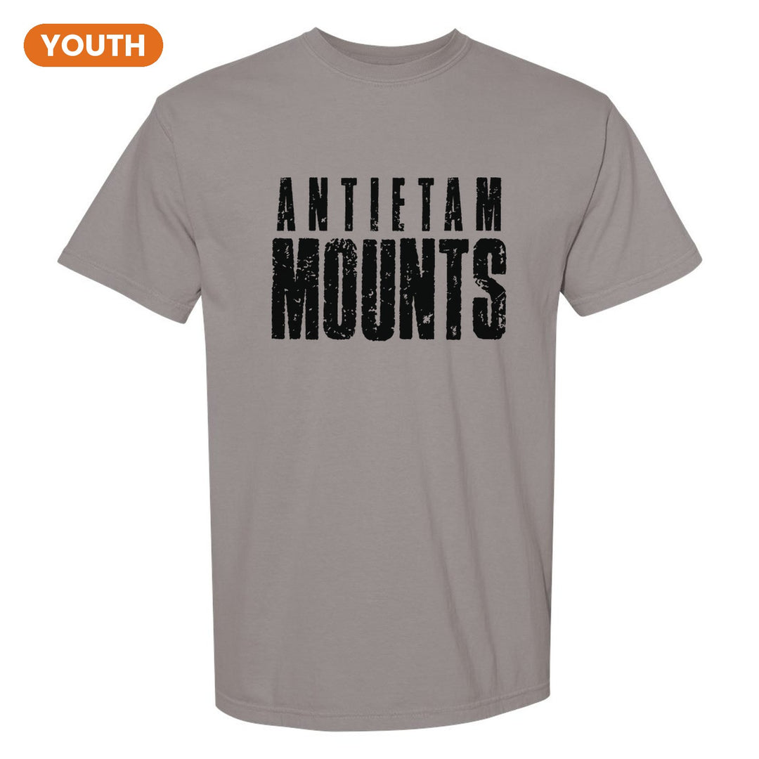 Antietam Mountaineers Distressed Block youth comfort colors t-shirt in Grey: ANTIETAM over tall, distressed MOUNTS lettering