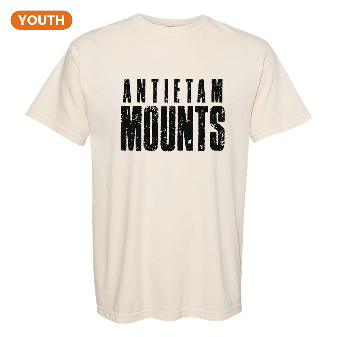 Antietam Mountaineers Distressed Block youth comfort colors t-shirt in Ivory: ANTIETAM over tall, distressed MOUNTS lettering