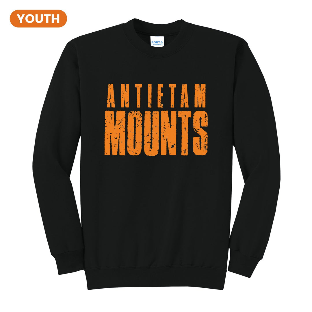 Antietam Mountaineers Distressed Block youth crewneck sweatshirt in Jet Black: ANTIETAM over tall, distressed MOUNTS lettering