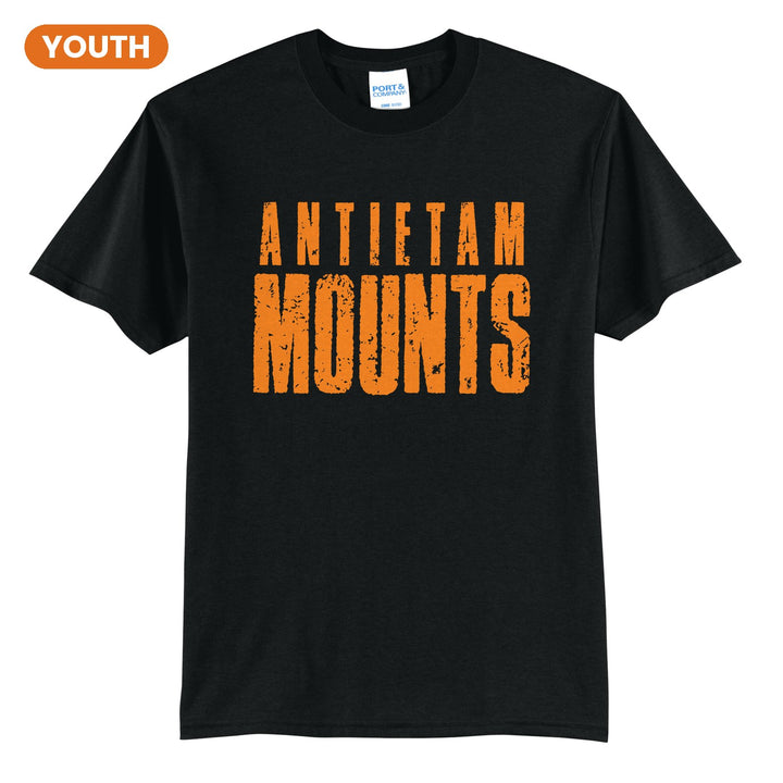 Antietam Mountaineers Distressed Block youth t-shirt in Jet Black: ANTIETAM over tall, distressed MOUNTS lettering