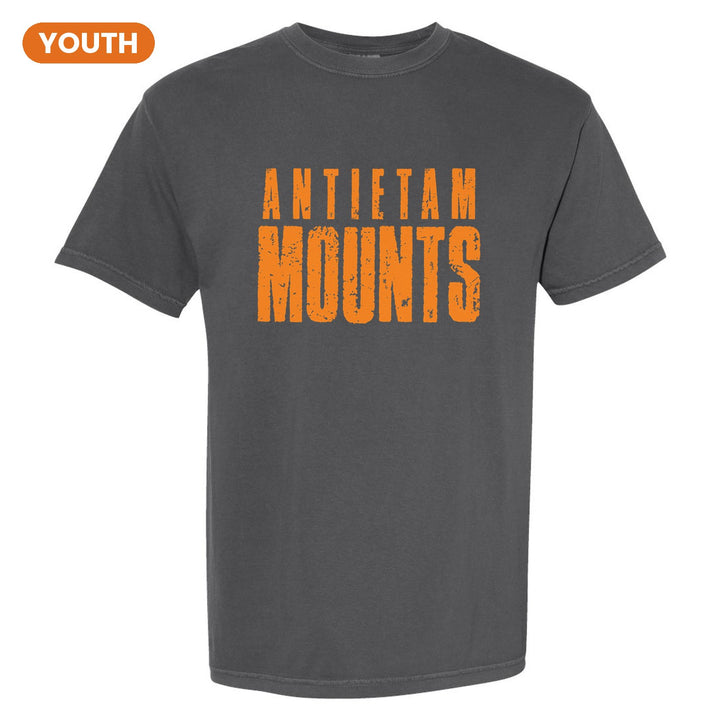 Antietam Mountaineers Distressed Block youth comfort colors t-shirt in Pepper: ANTIETAM over tall, distressed MOUNTS lettering