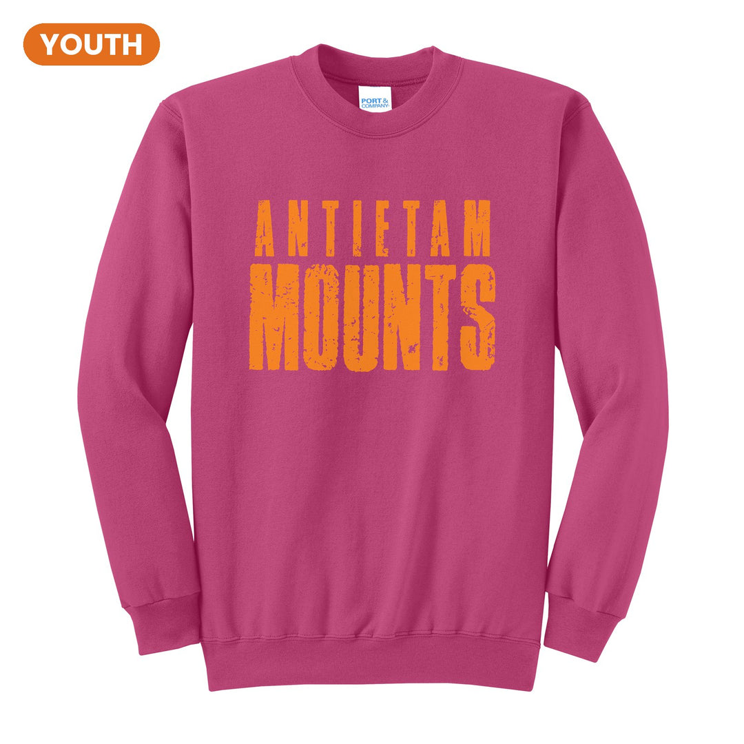 Antietam Mountaineers Distressed Block youth crewneck sweatshirt in Sangria: ANTIETAM over tall, distressed MOUNTS lettering