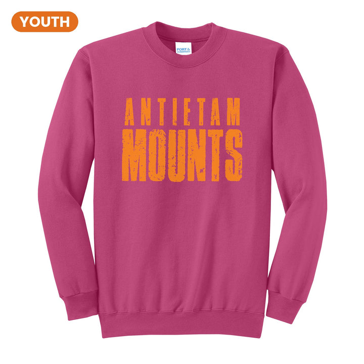 Antietam Mountaineers Distressed Block youth crewneck sweatshirt in Sangria: ANTIETAM over tall, distressed MOUNTS lettering