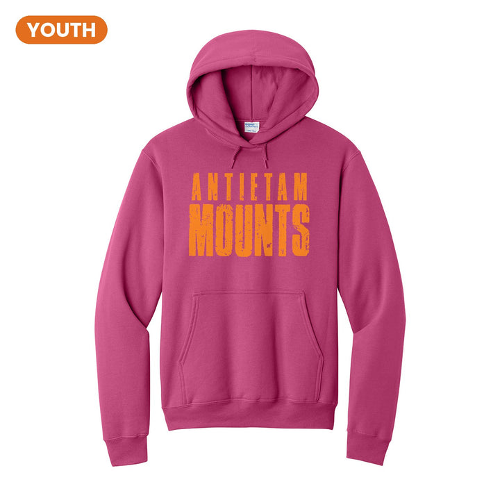 Antietam Mountaineers Distressed Block youth hoodie in Sangria: ANTIETAM over tall, distressed MOUNTS lettering