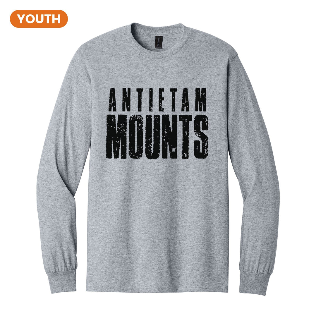 Antietam Mountaineers Distressed Block youth long sleeve t-shirt in Sport Grey: ANTIETAM over tall, distressed MOUNTS lettering