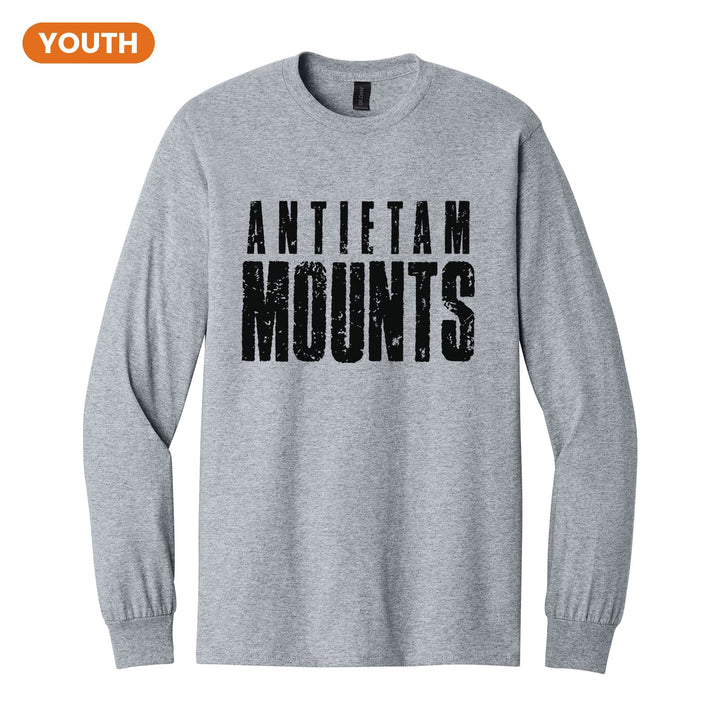 Antietam Mountaineers Distressed Block youth long sleeve t-shirt in Sport Grey: ANTIETAM over tall, distressed MOUNTS lettering