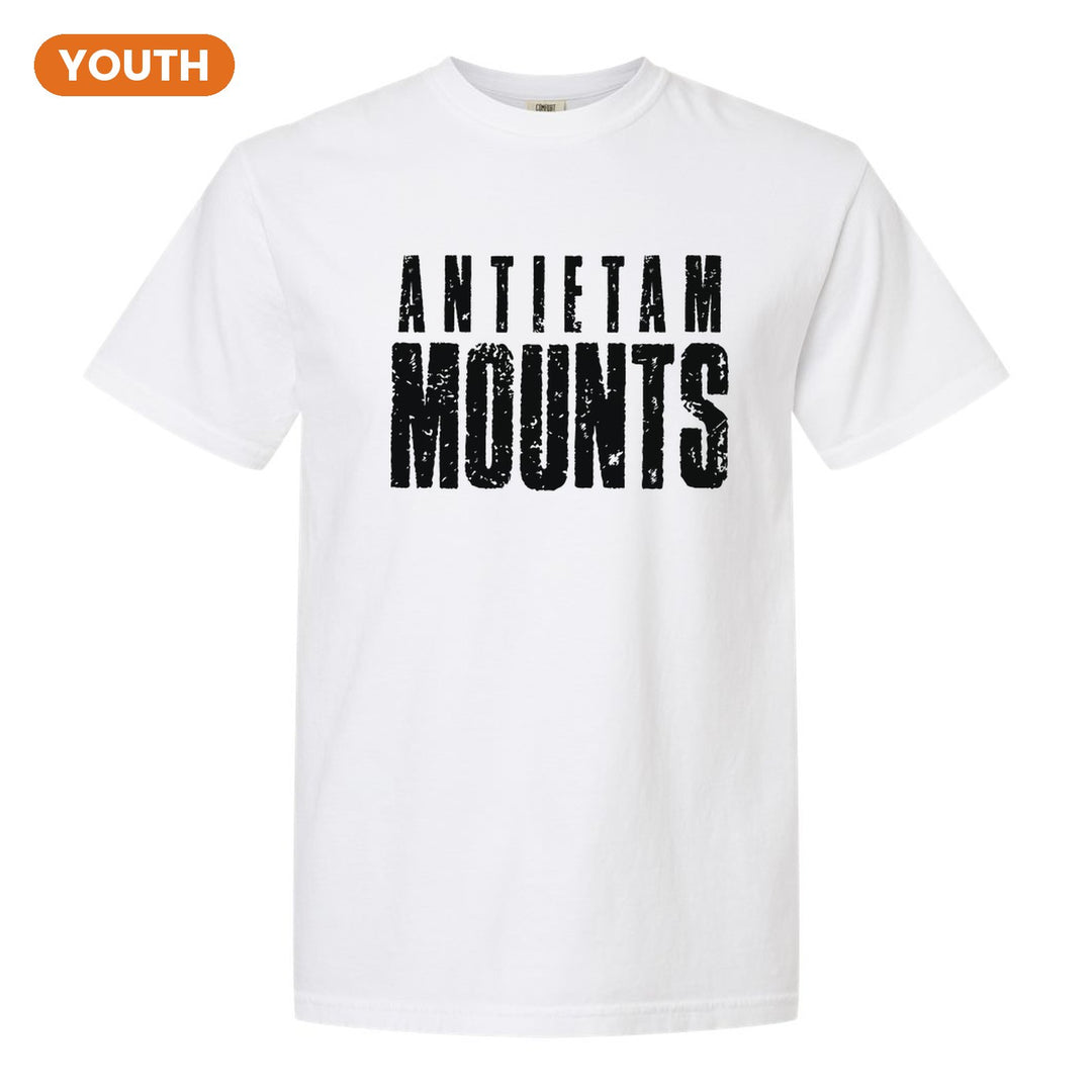 Antietam Mountaineers Distressed Block youth comfort colors t-shirt in White: ANTIETAM over tall, distressed MOUNTS lettering