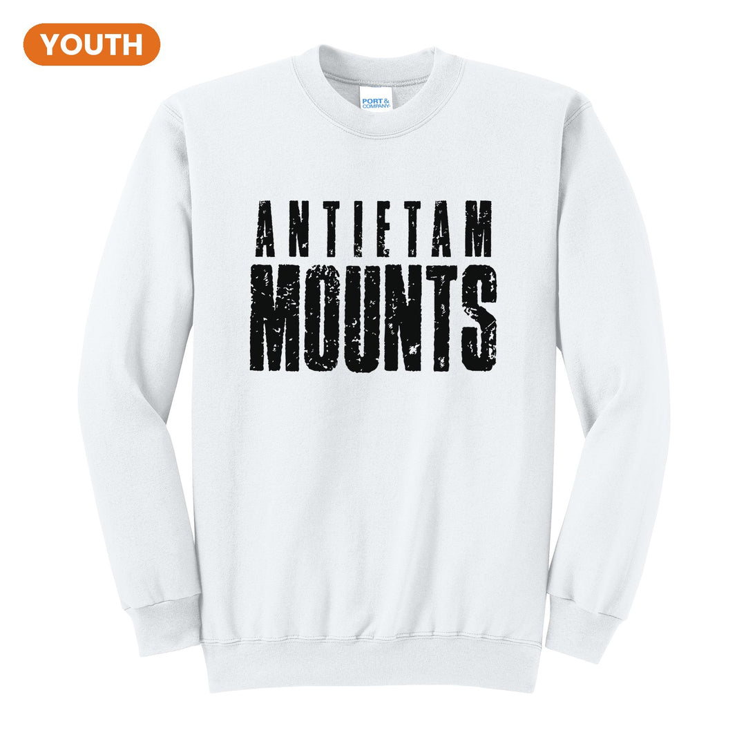 Antietam Mountaineers Distressed Block youth crewneck sweatshirt in White: ANTIETAM over tall, distressed MOUNTS lettering