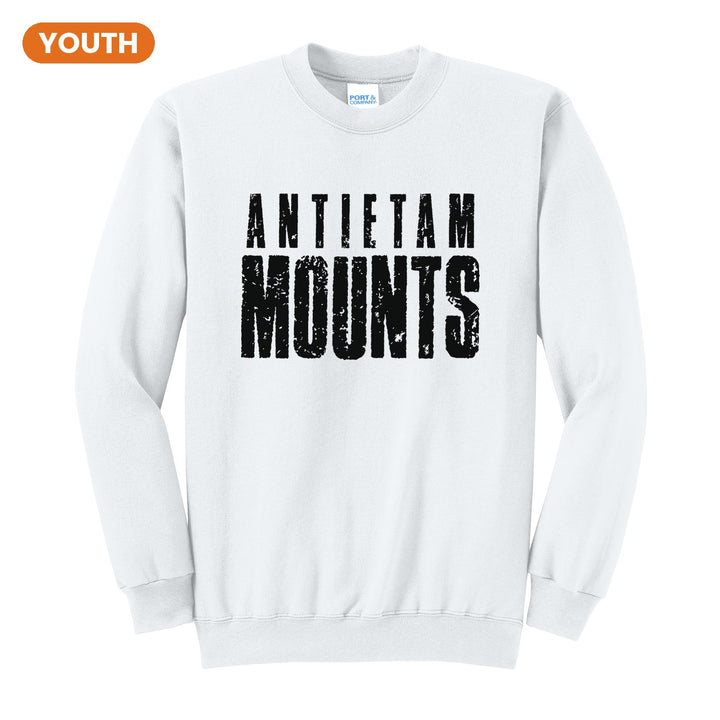 Antietam Mountaineers Distressed Block youth crewneck sweatshirt in White: ANTIETAM over tall, distressed MOUNTS lettering