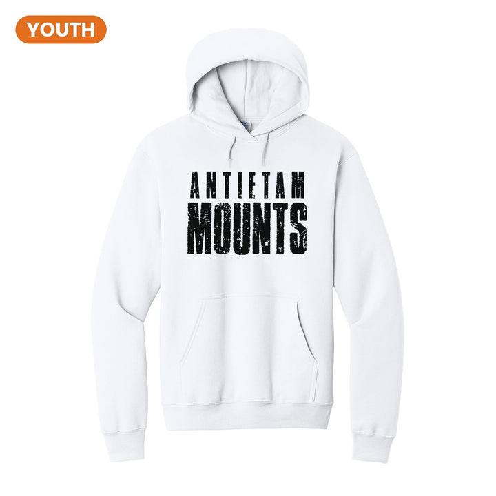 Antietam Mountaineers Distressed Block youth hoodie in White: ANTIETAM over tall, distressed MOUNTS lettering