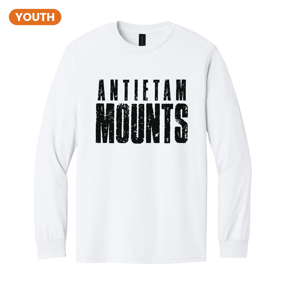 Antietam Mountaineers Distressed Block youth long sleeve t-shirt in White: ANTIETAM over tall, distressed MOUNTS lettering