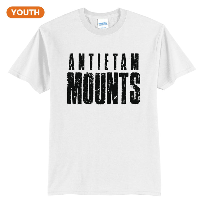 Antietam Mountaineers Distressed Block youth t-shirt in White: ANTIETAM over tall, distressed MOUNTS lettering