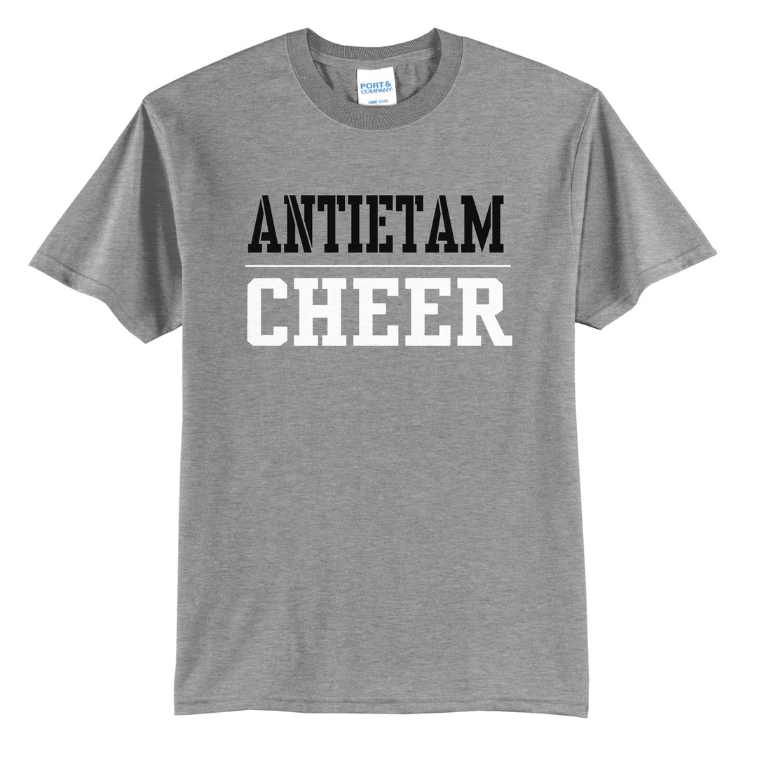 Antietam Mountaineers Sport or Activity t-shirt in Athletic Heather: ANTIETAM over a thin rule and CHEER (your sport or activity) in block letters