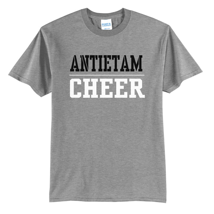 Antietam Mountaineers Sport or Activity t-shirt in Athletic Heather: ANTIETAM over a thin rule and CHEER (your sport or activity) in block letters