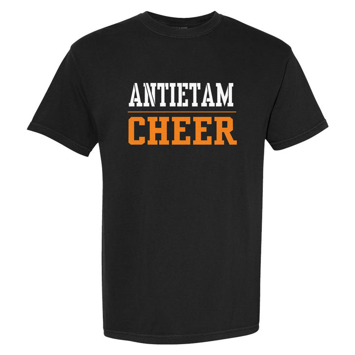 Antietam Mountaineers Sport or Activity comfort colors t-shirt in Black: ANTIETAM over a thin rule and CHEER (your sport or activity) in block letters