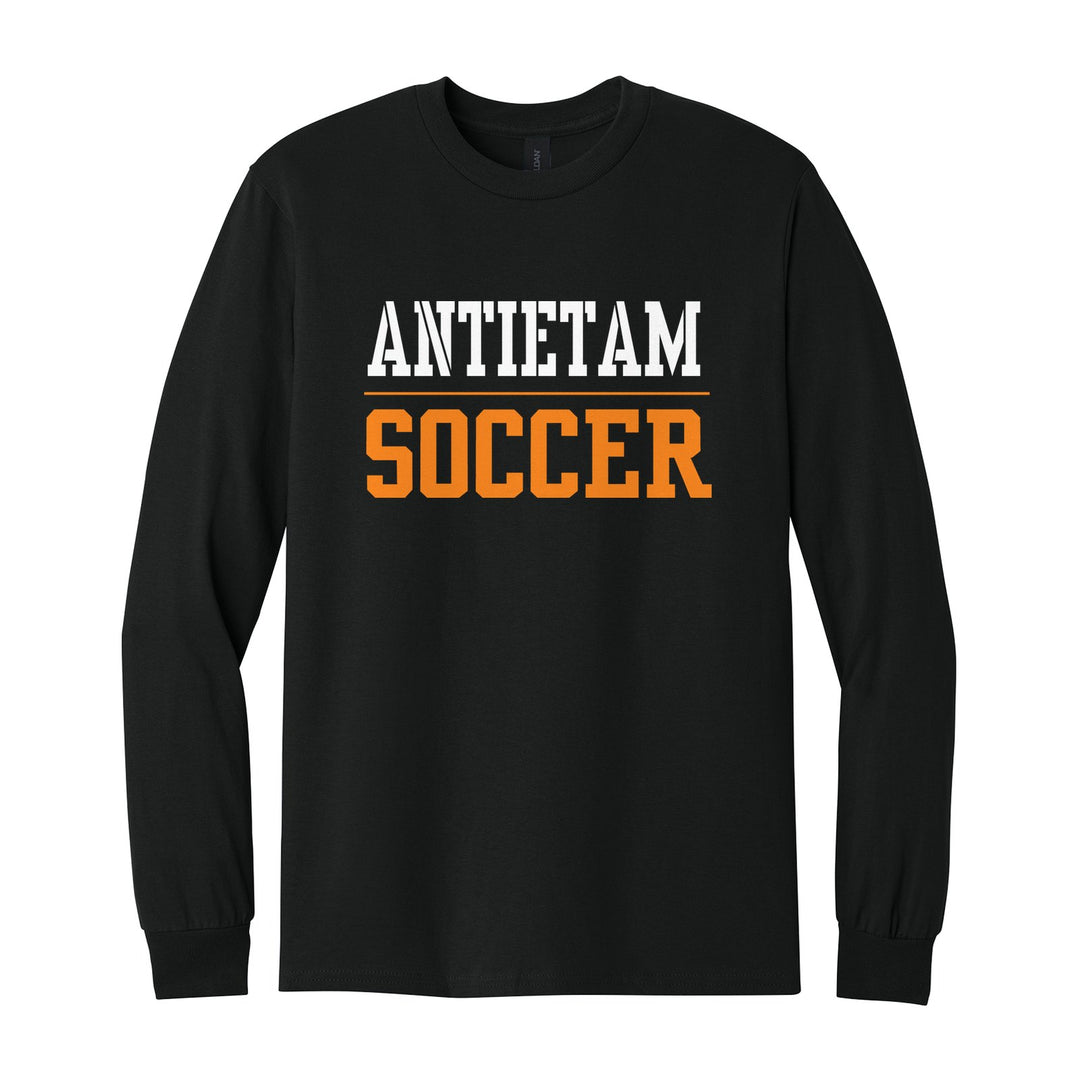 Antietam Mountaineers Sport or Activity long sleeve t-shirt in Black: ANTIETAM over a thin rule and SOCCER (your sport or activity) in block letters