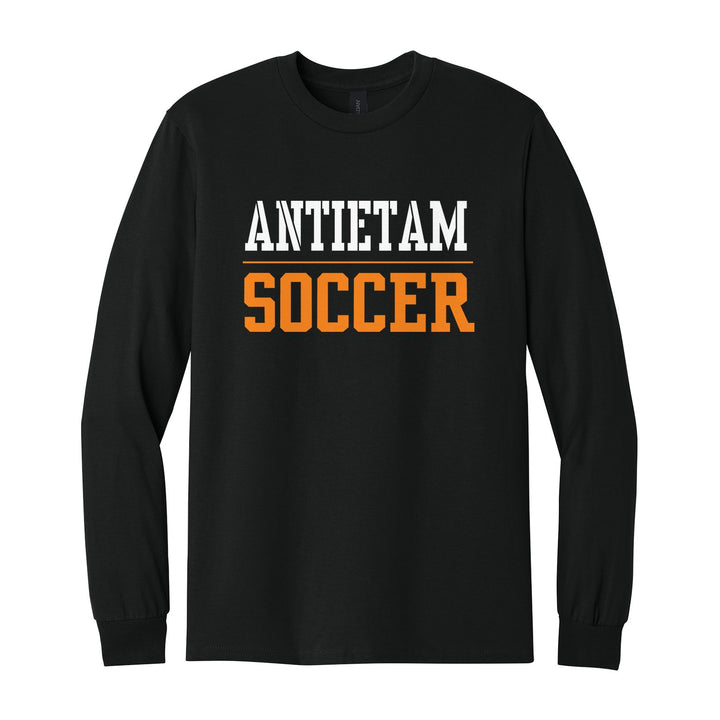 Antietam Mountaineers Sport or Activity long sleeve t-shirt in Black: ANTIETAM over a thin rule and SOCCER (your sport or activity) in block letters
