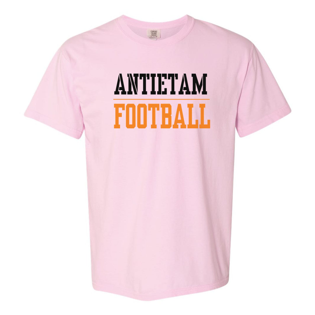 Antietam Mountaineers Sport or Activity comfort colors t-shirt in Blossom: ANTIETAM over a thin rule and FOOTBALL (your sport or activity) in block letters
