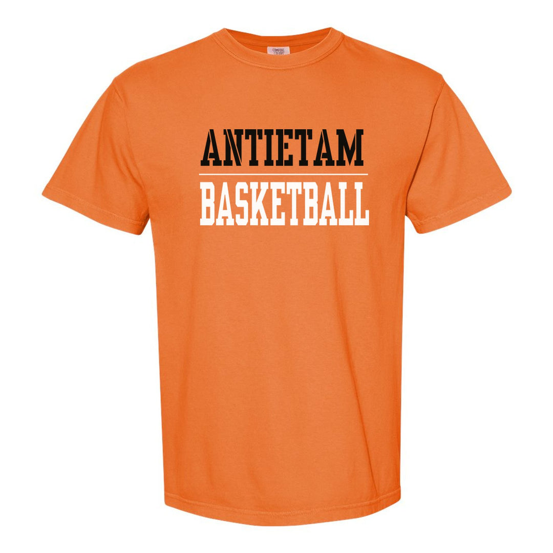 Antietam Mountaineers Sport or Activity comfort colors t-shirt in Burnt Orange: ANTIETAM over a thin rule and BASKETBALL (your sport or activity) in block letters