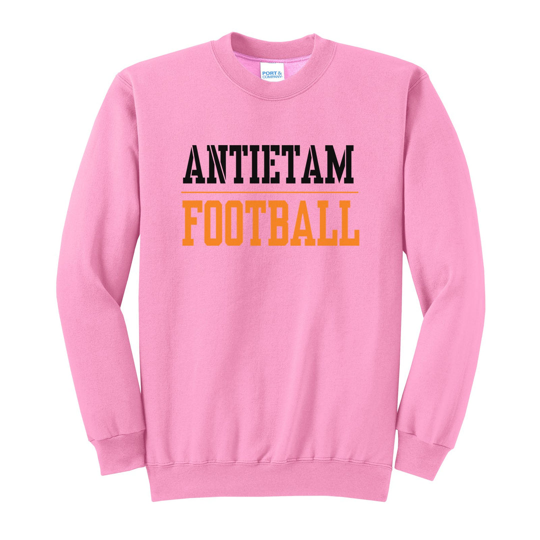 Antietam Mountaineers Sport or Activity crewneck sweatshirt in Candy Pink: ANTIETAM over a thin rule and FOOTBALL (your sport or activity) in block letters
