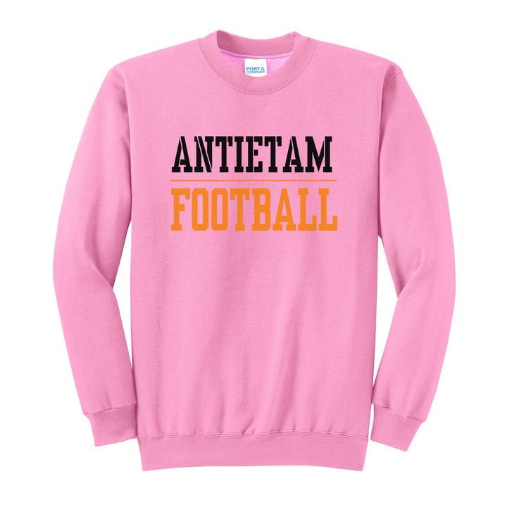 Antietam Mountaineers Sport or Activity crewneck sweatshirt in Candy Pink: ANTIETAM over a thin rule and FOOTBALL (your sport or activity) in block letters