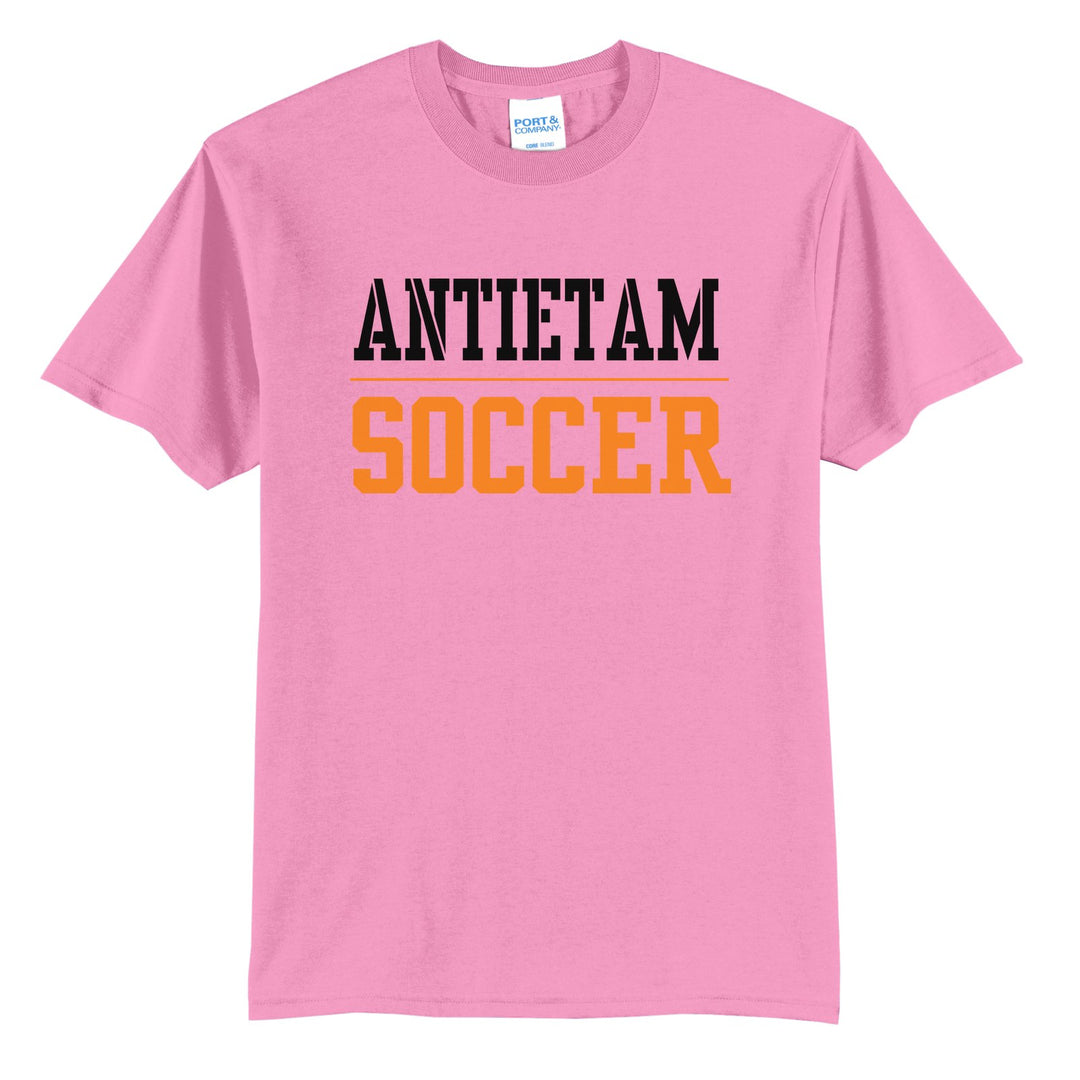 Antietam Mountaineers Sport or Activity t-shirt in Candy Pink: ANTIETAM over a thin rule and SOCCER (your sport or activity) in block letters