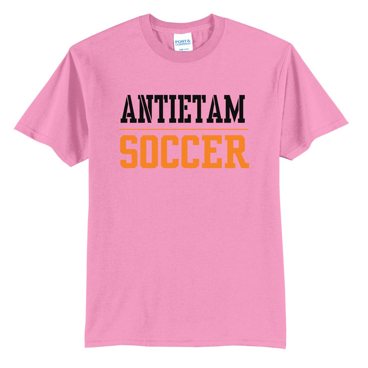 Antietam Mountaineers Sport or Activity t-shirt in Candy Pink: ANTIETAM over a thin rule and SOCCER (your sport or activity) in block letters