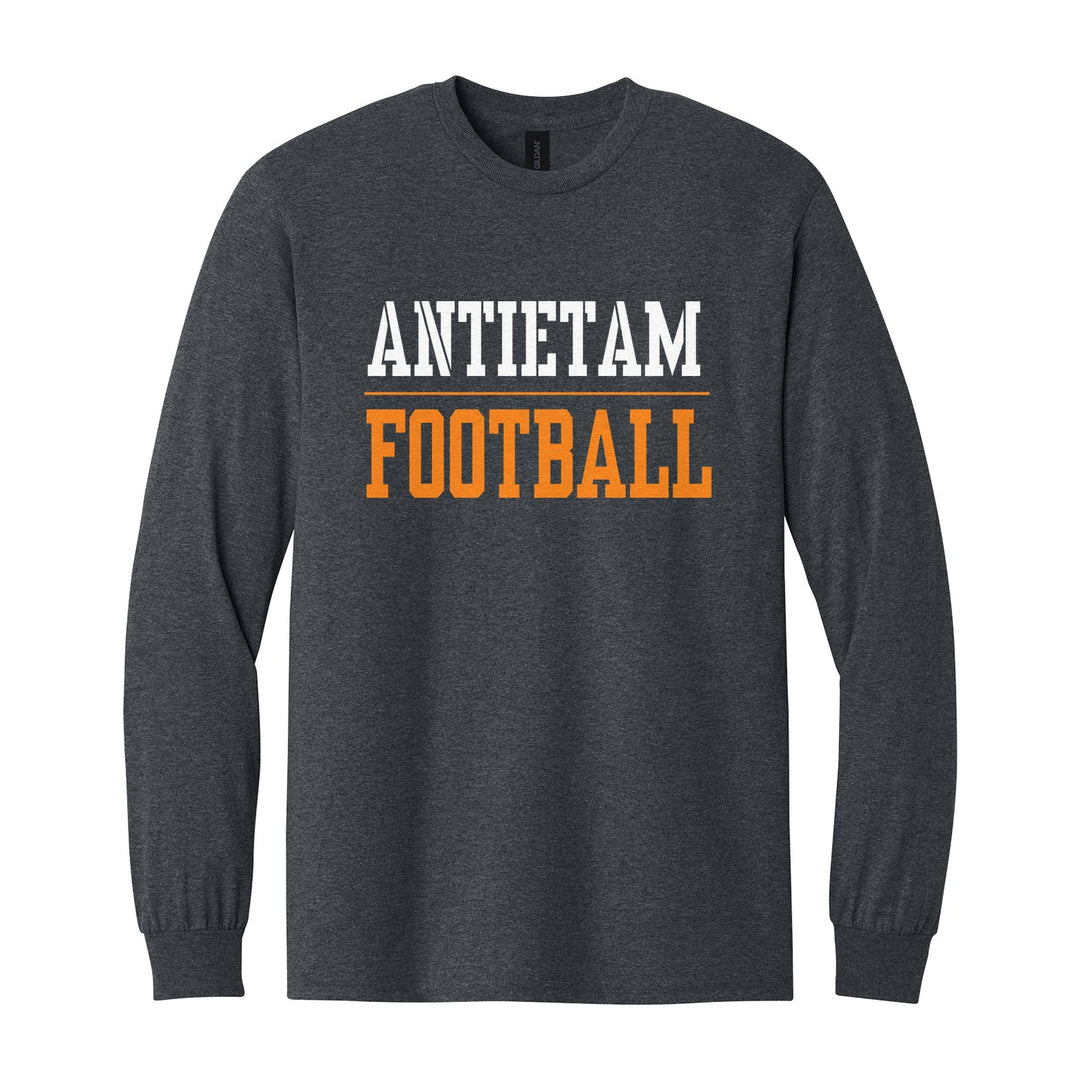 Antietam Mountaineers Sport or Activity long sleeve t-shirt in Dark Heather: ANTIETAM over a thin rule and FOOTBALL (your sport or activity) in block letters