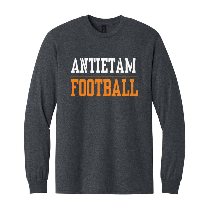Antietam Mountaineers Sport or Activity long sleeve t-shirt in Dark Heather: ANTIETAM over a thin rule and FOOTBALL (your sport or activity) in block letters