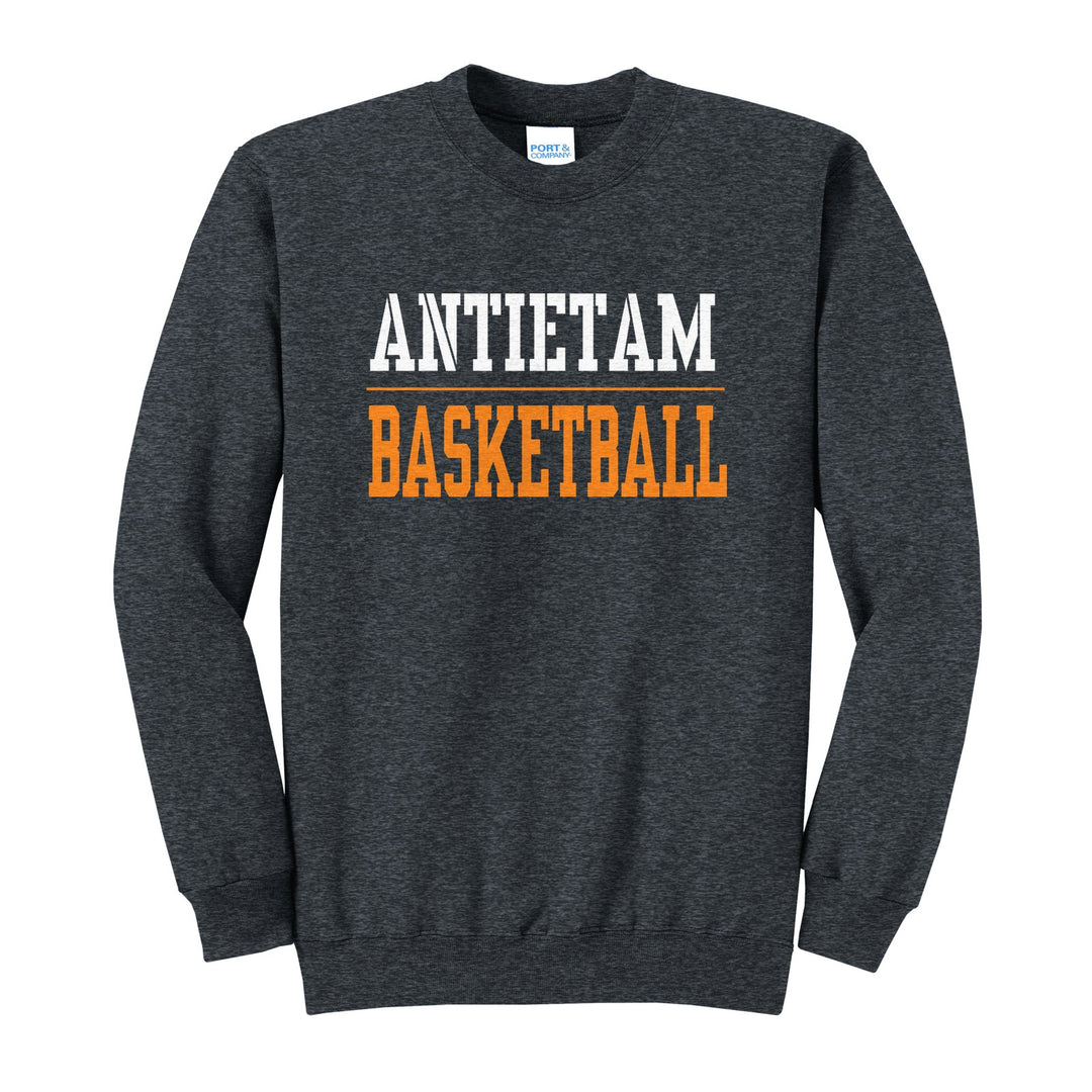 Antietam Mountaineers Sport or Activity crewneck sweatshirt in Dark Heather Grey: ANTIETAM over a thin rule and BASKETBALL (your sport or activity) in block letters