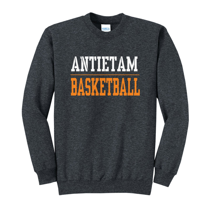 Antietam Mountaineers Sport or Activity crewneck sweatshirt in Dark Heather Grey: ANTIETAM over a thin rule and BASKETBALL (your sport or activity) in block letters