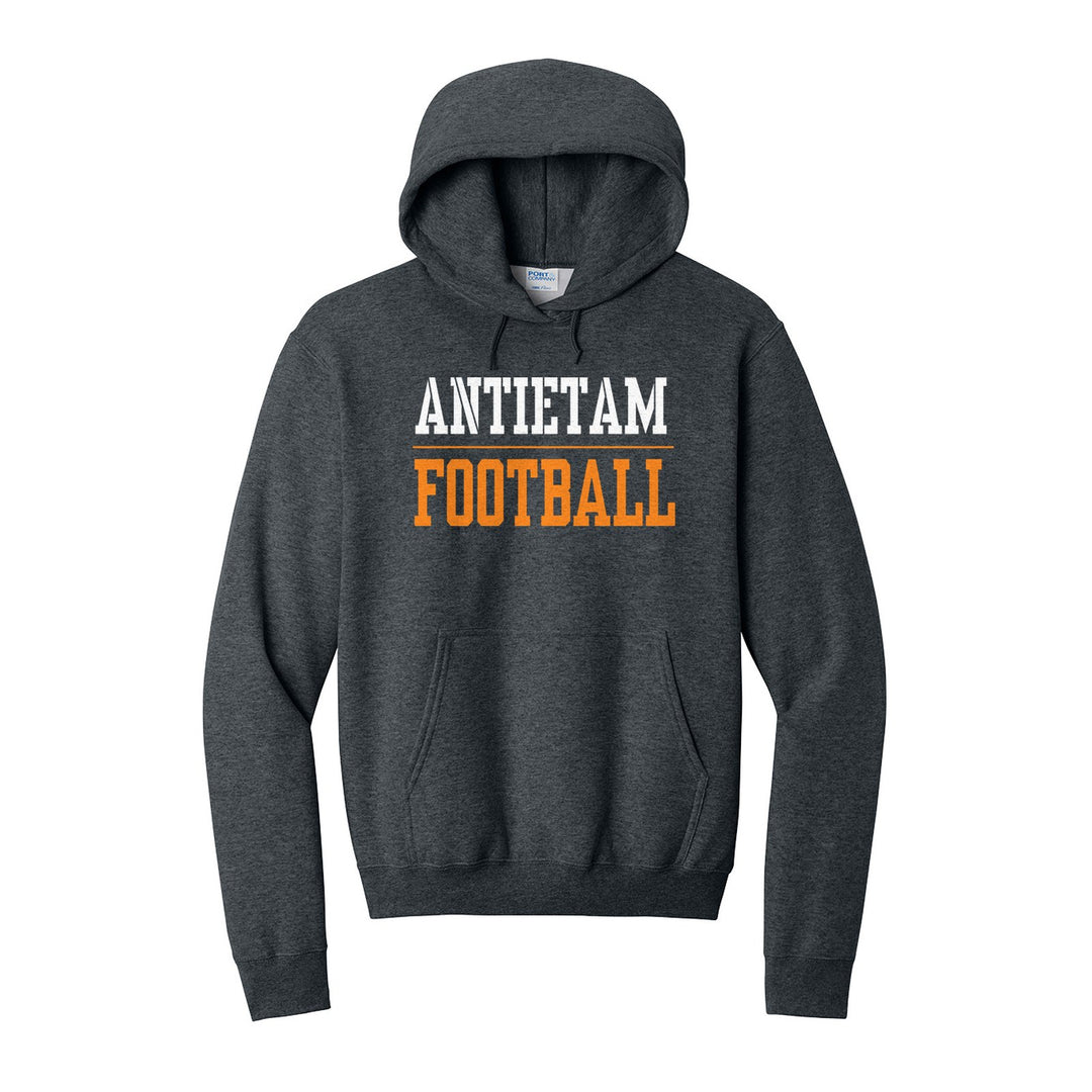 Antietam Mountaineers Sport or Activity hoodie in Dark Heather Grey: ANTIETAM over a thin rule and FOOTBALL (your sport or activity) in block letters