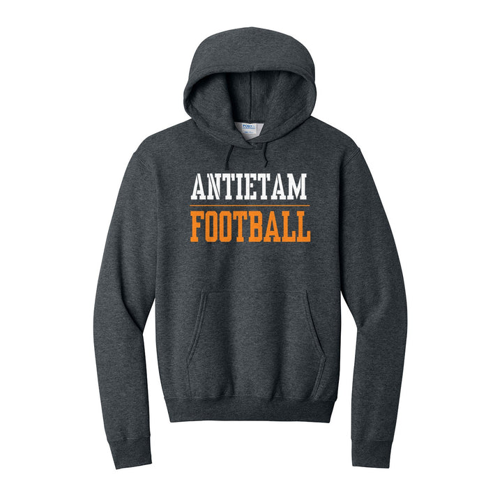 Antietam Mountaineers Sport or Activity hoodie in Dark Heather Grey: ANTIETAM over a thin rule and FOOTBALL (your sport or activity) in block letters