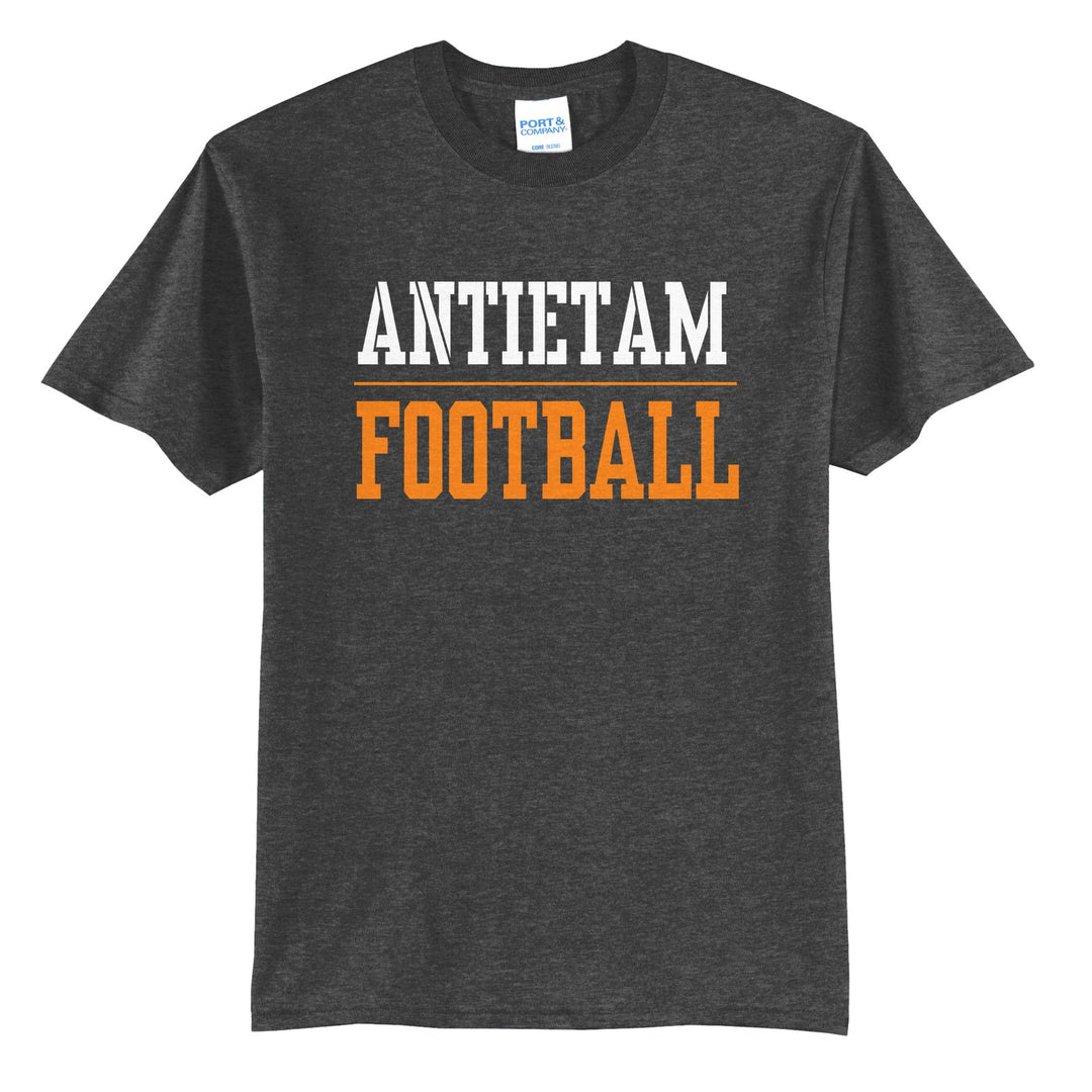 Antietam Mountaineers Sport or Activity t-shirt in Dark Heather Grey: ANTIETAM over a thin rule and FOOTBALL (your sport or activity) in block letters
