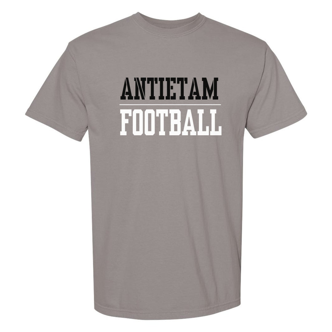 Antietam Mountaineers Sport or Activity comfort colors t-shirt in Grey: ANTIETAM over a thin rule and FOOTBALL (your sport or activity) in block letters