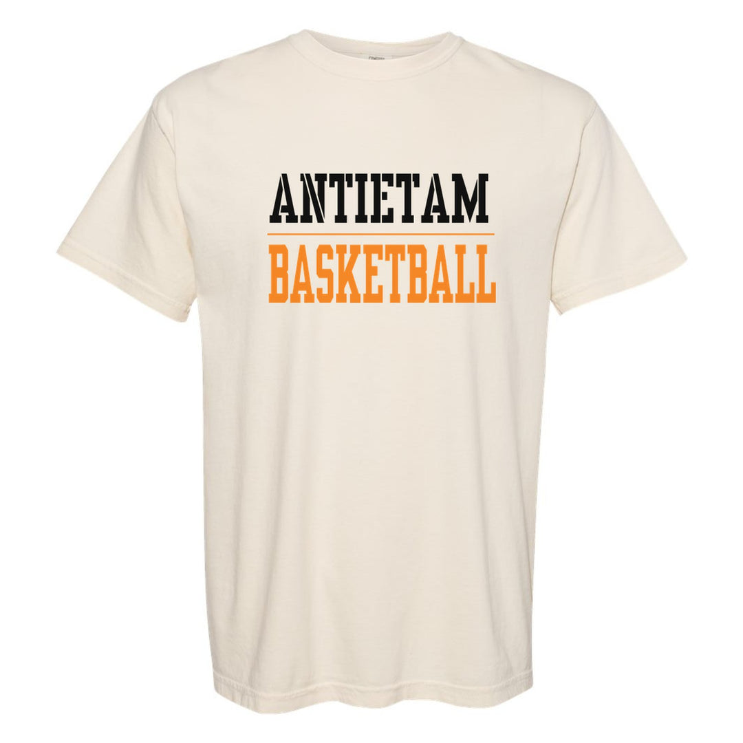 Antietam Mountaineers Sport or Activity comfort colors t-shirt in Ivory: ANTIETAM over a thin rule and BASKETBALL (your sport or activity) in block letters
