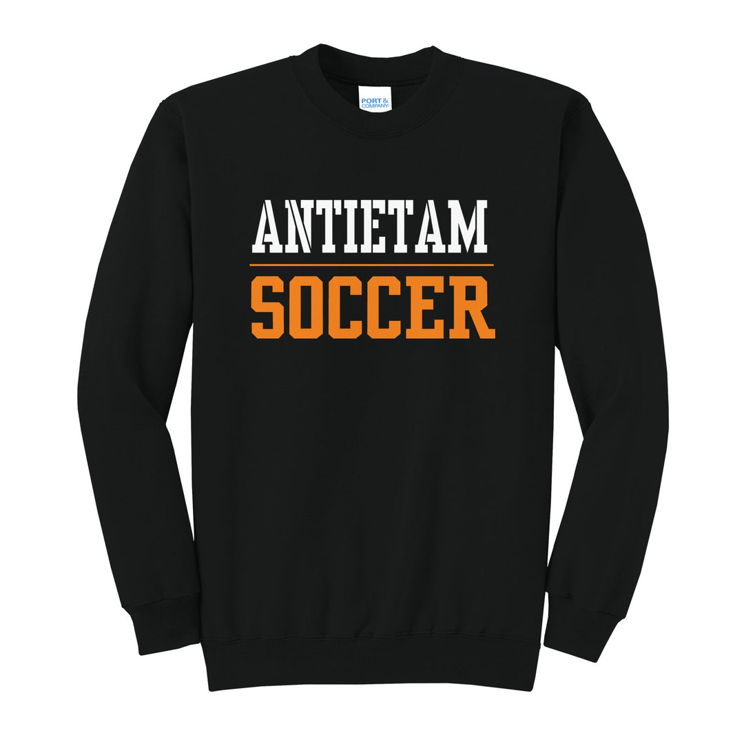 Antietam Mountaineers Sport or Activity crewneck sweatshirt in Jet Black: ANTIETAM over a thin rule and SOCCER (your sport or activity) in block letters