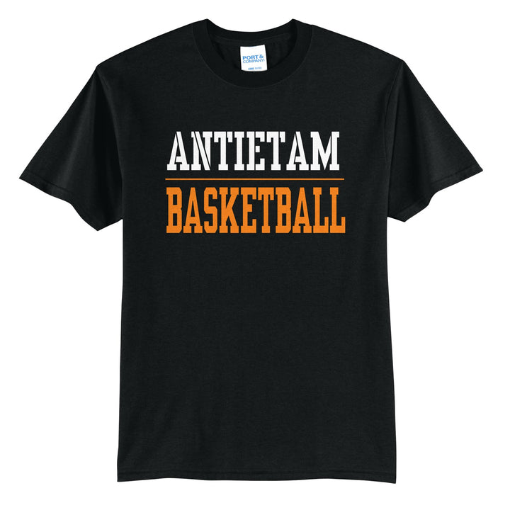 Antietam Mountaineers Sport or Activity t-shirt in Jet Black: ANTIETAM over a thin rule and BASKETBALL (your sport or activity) in block letters